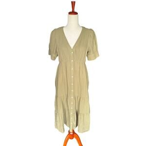 Madewell Olive Green 100% Cotton Dress Button Front Midi Puff Sleeve Size 6
